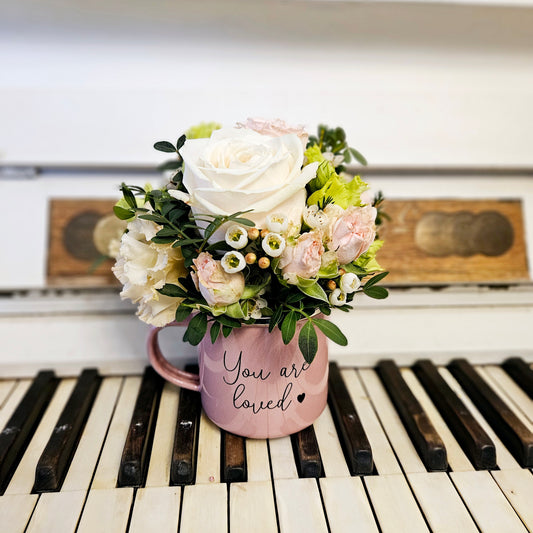 Enamel beads on pink You are loved filled with cut flowers