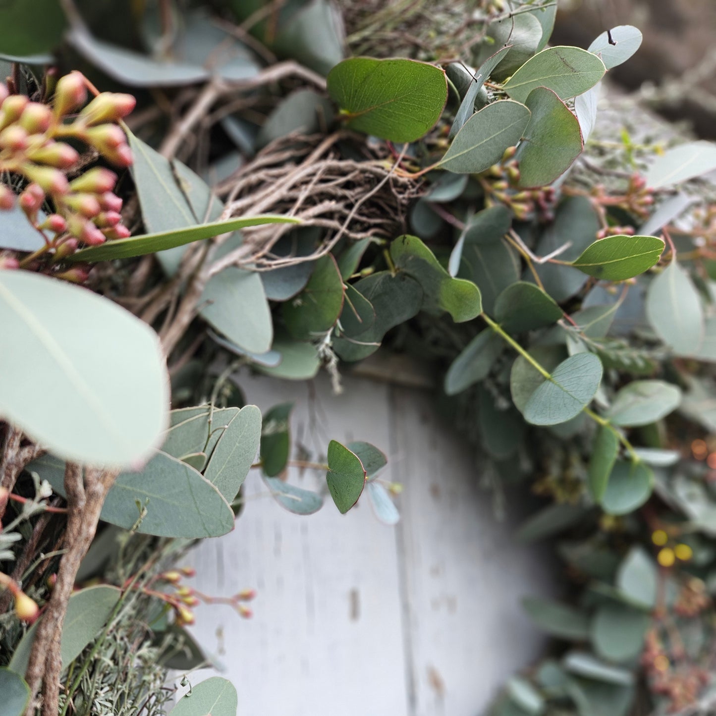 Wreath for and d'Dier made from 2 types of eucalyptus on threshed thyme